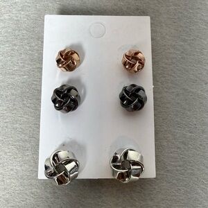 Bansri Stud Earring Set Three Pairs Gold, Silver, and Black Knot Style NWT